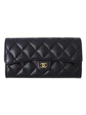 Chanel Wallet Quilted Caviar Leather Black Gold